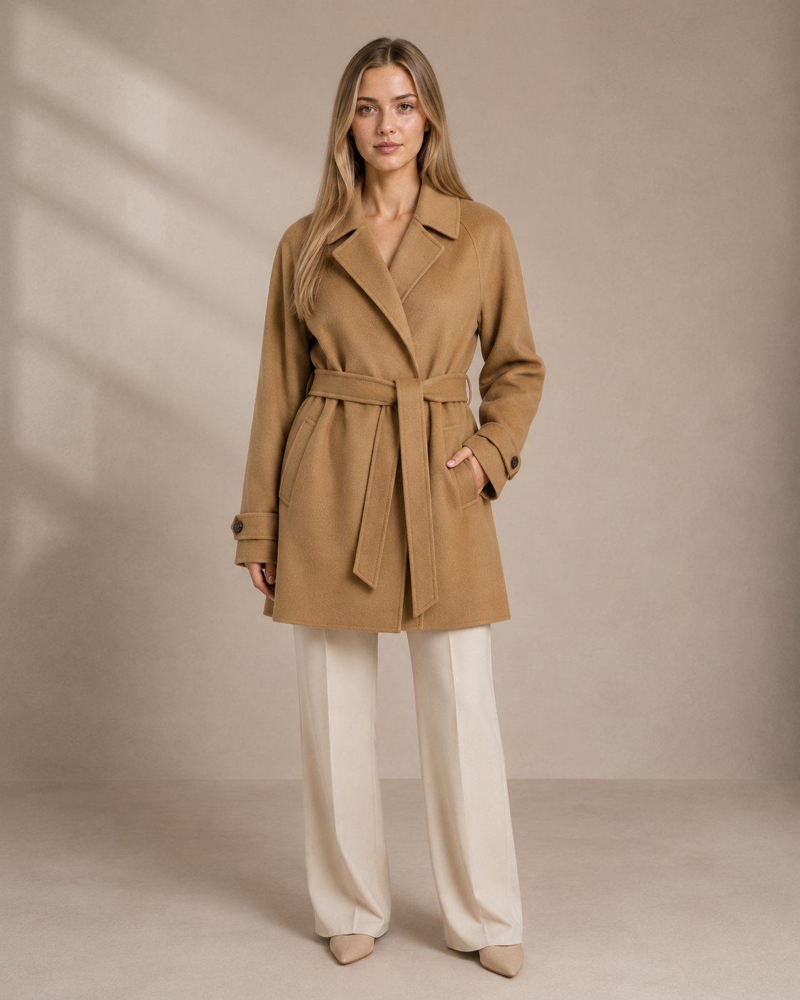 Women's Belted Wool Coat with Chest Flap Pockets in Camel, 01 main, worn by model