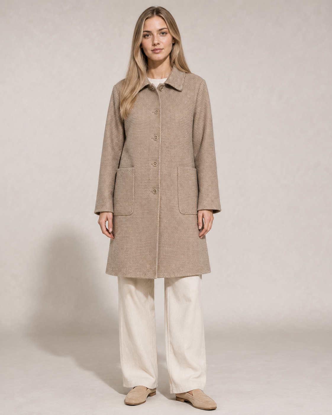 Women's Longline Lapel Coat for Everyday Layering in Camel, 01 main, worn by model