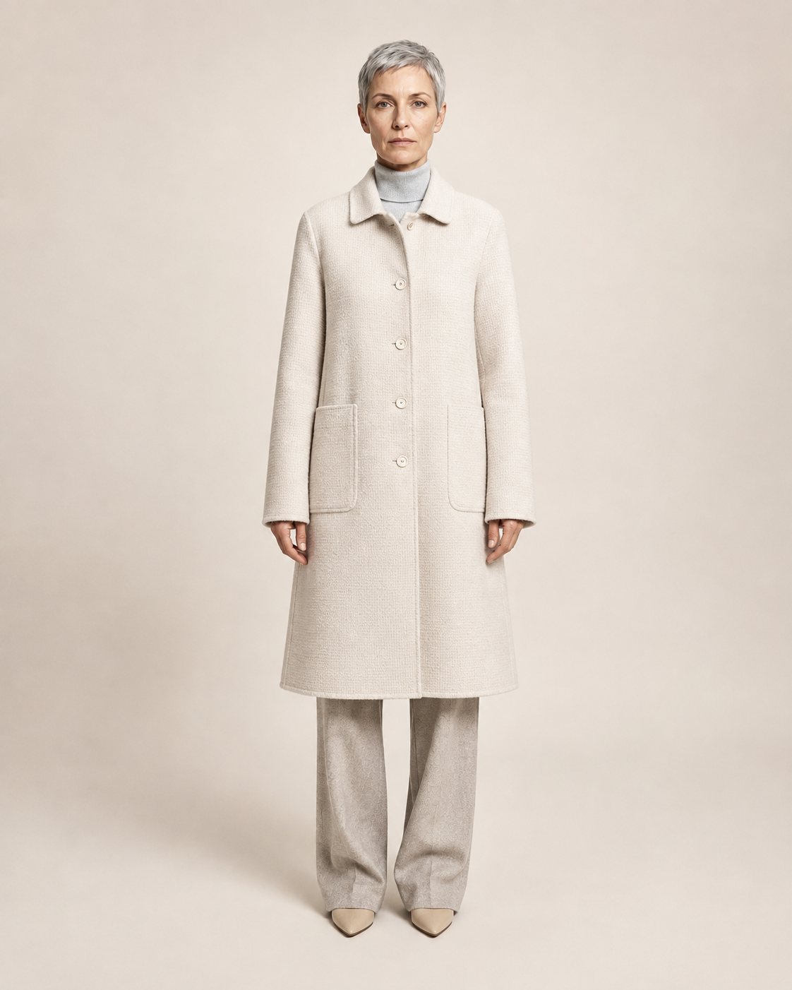 Women's Longline Lapel Coat for Everyday Layering in Off white, 01 main, worn by model