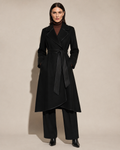 Women's Belted Wrap Coat with Draped Hem in Black, 01 main, worn by model