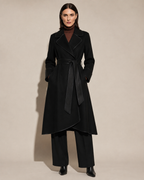 Women's Belted Wrap Coat with Draped Hem in Black, 01 main, worn by model