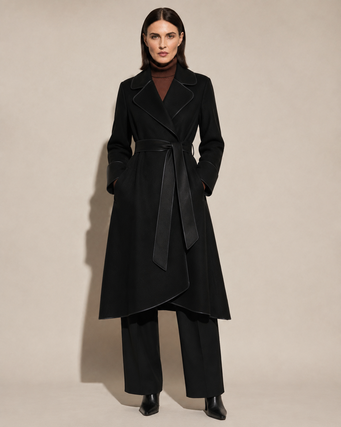 Women's Belted Wrap Coat with Draped Hem in Black, 01 main, worn by model