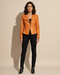 Women's Faux Leather Moto Jacket with Zip Front in Emma Orange, 01 main, worn by model