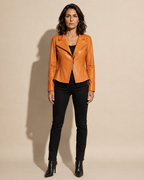 Women's Faux Leather Moto Jacket with Zip Front in Emma Orange, 01 main, worn by model