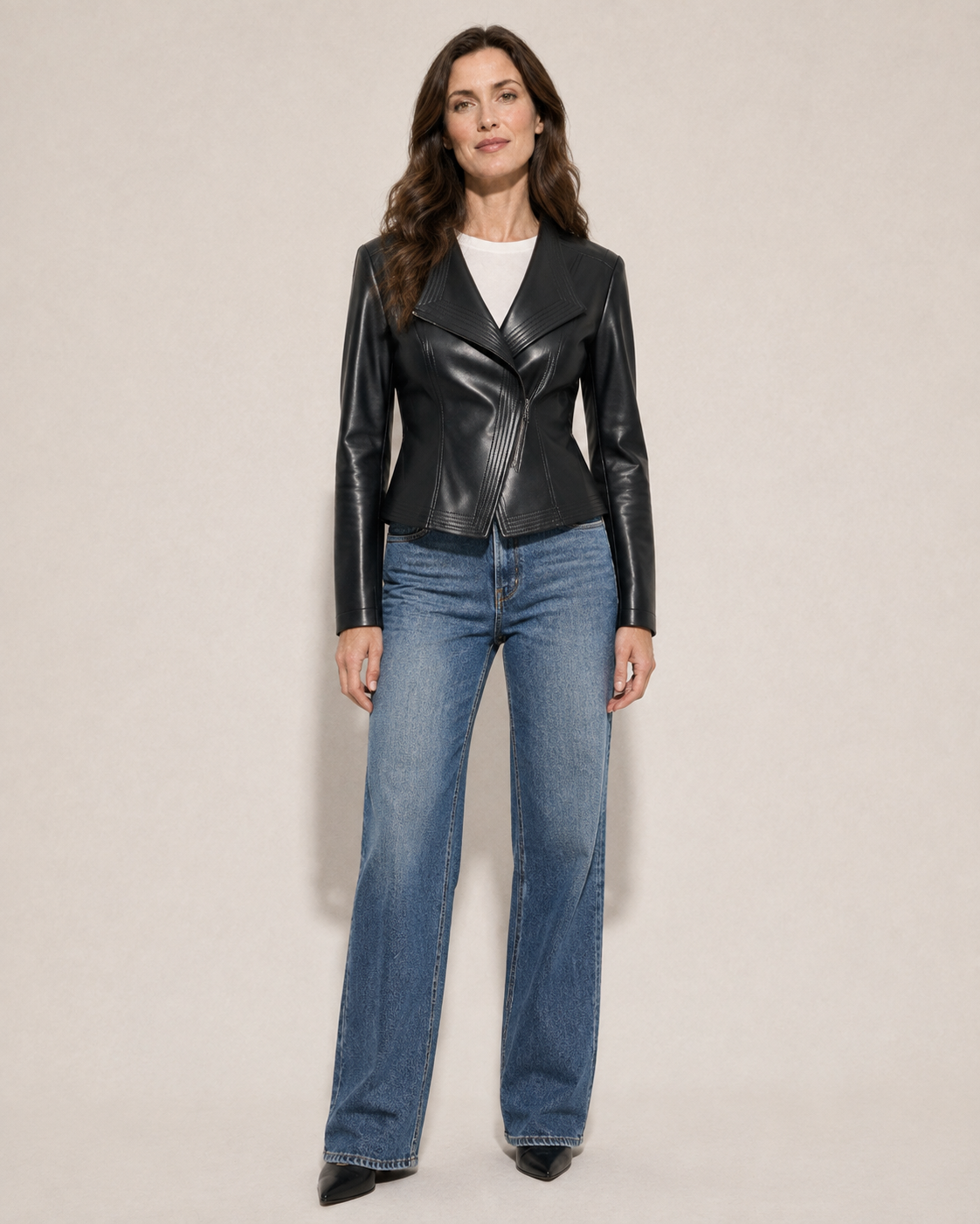 Women's Faux Leather Moto Jacket with Zip Front in Black, 01 main, worn by model