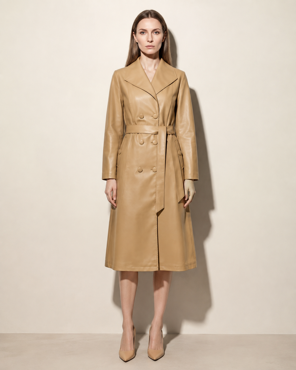 Women's Belted Trench Coat with Notched Collar in Khaki, 01 main, worn by model