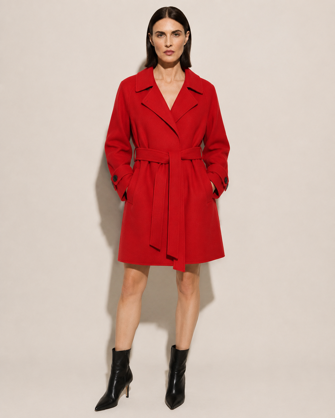 Women's Belted Wool Coat with Chest Flap Pockets in Bright Red, 01 main, worn by model