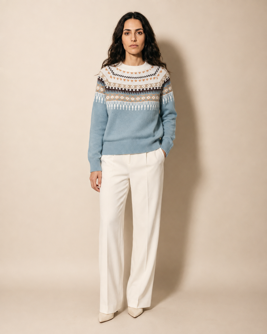 Women's Fair Isle Crewneck Knit Sweater in Sky Blue, 01 main, worn by model