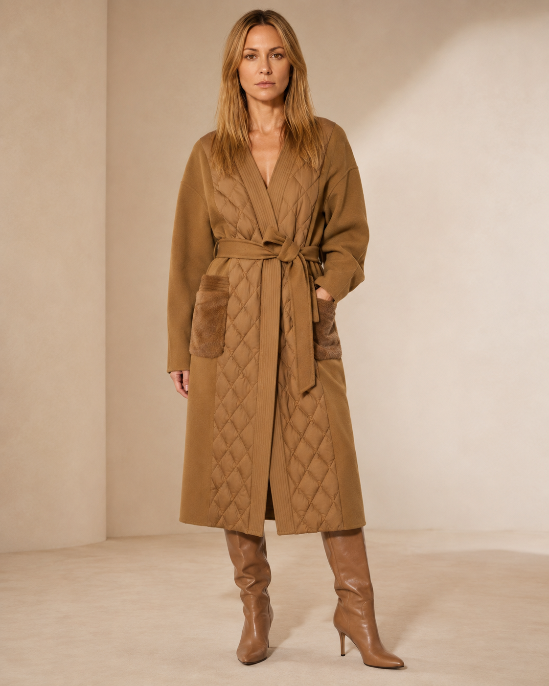 Women's Belted Diamond-Quilted Mid-Length Coat in Khaki, 01 main, worn by model