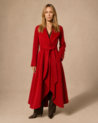 Women's Belted Wrap Coat with Draped Hem in Red1, 01 main, worn by model