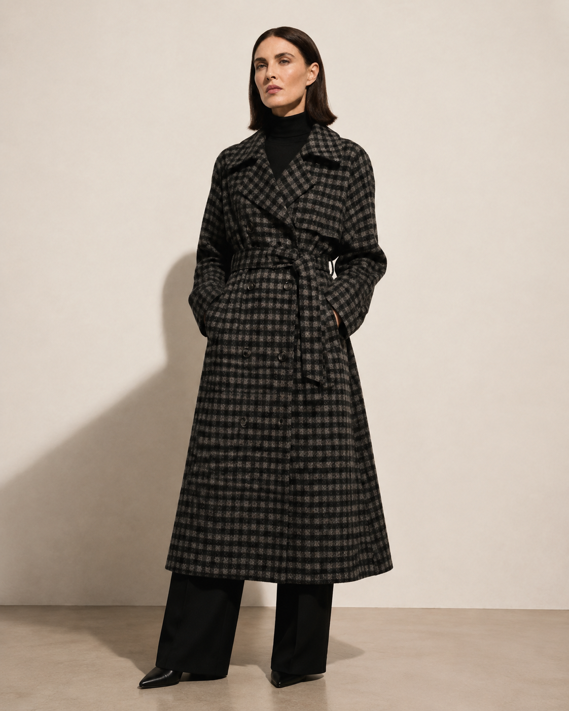 Women's Long Plaid Button-Front Coat for Smart Layering in Black, 01 main, worn by model