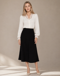 Women's V-Neck Lace Trim Button-Front Top in White, 01 main, worn by model