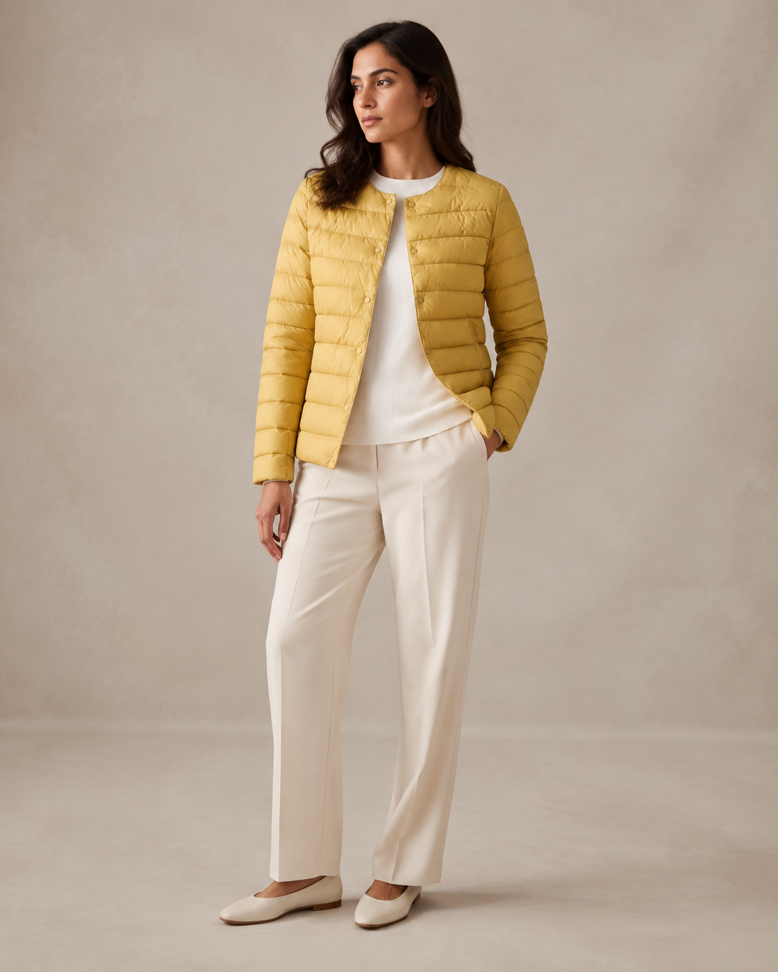 Women's Lightweight Down-Filled Quilted Jacket for Layering in Ginger Yellow, 01 main, worn by model