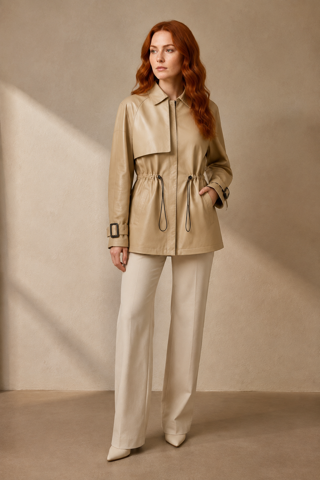 Women's Belted Leather-Look Trench Coat for Everyday Layering in Beige, 01 main, worn by model