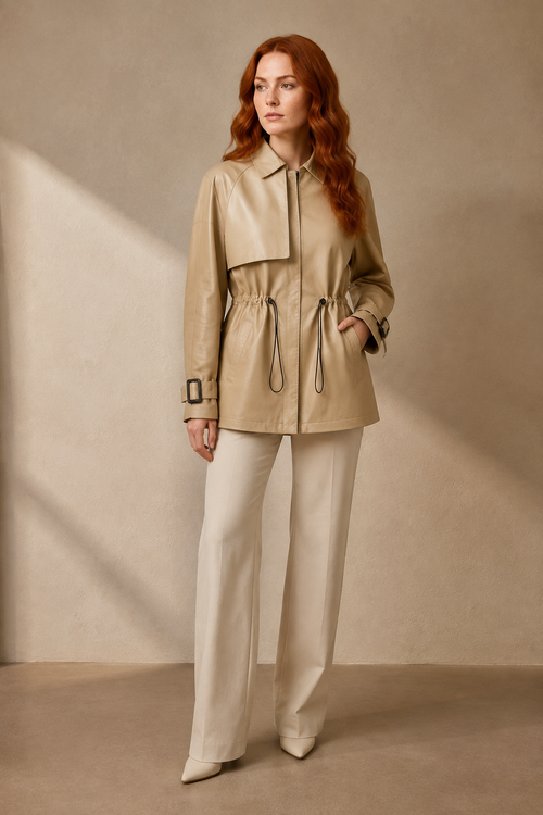 Women's Belted Leather-Look Trench Coat for Everyday Layering in Beige, 01 main, worn by model