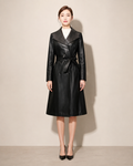 Women's Belted Trench Coat with Notched Collar in Black, 01 main, worn by model