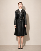 Women's Belted Trench Coat with Notched Collar in Black, 01 main, worn by model