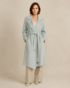 Women's Belted Wrap Coat with Draped Hem in Light Green, 01 main, worn by model