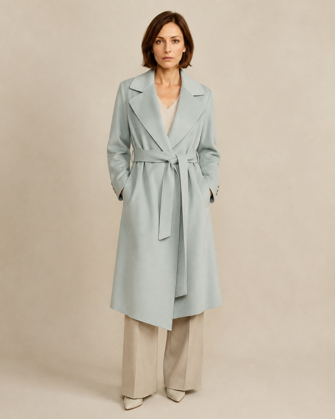 Women's Belted Wrap Coat with Draped Hem in Light Green, 01 main, worn by model