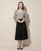 Women's V-Neck Lace Trim Button-Front Top in Gray, 01 main, worn by model