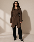 Women's Belted Wool Coat with Chest Flap Pockets in Brown, 01 main, worn by model