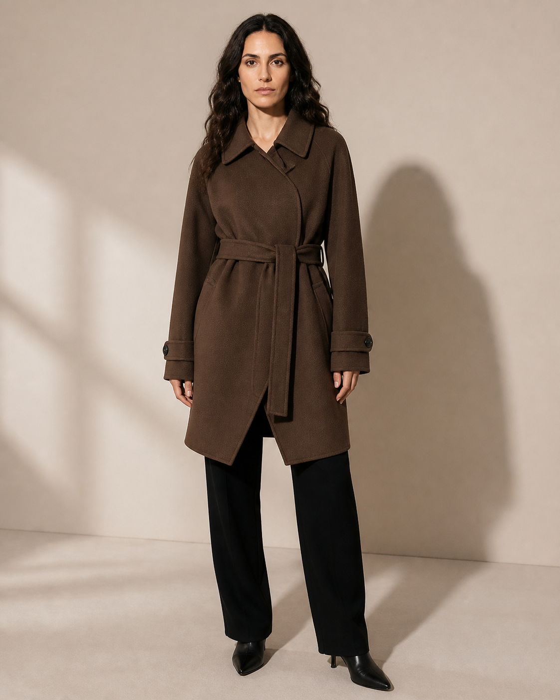 Women's Belted Wool Coat with Chest Flap Pockets in Brown, 01 main, worn by model