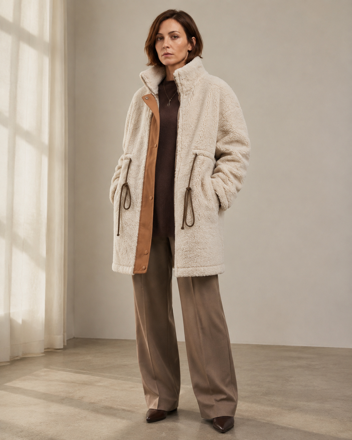 Women's Color-Block Fleece-Look Coat with Drawstrings in Picture Color, 01 main, worn by model
