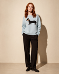 Women's Dachshund Motif Crewneck Knit Sweater in Sky Blue, 01 main, worn by model