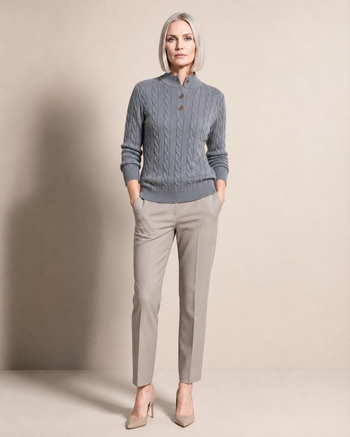 Half-height Henry Collar Button Twisted Sweater Thick Fashion Men's Knitwear in TL702 Stone Gray, 01 main, worn by model