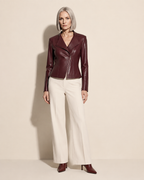 Women's Faux Leather Moto Jacket with Zip Front in Angola Red, 01 main, worn by model