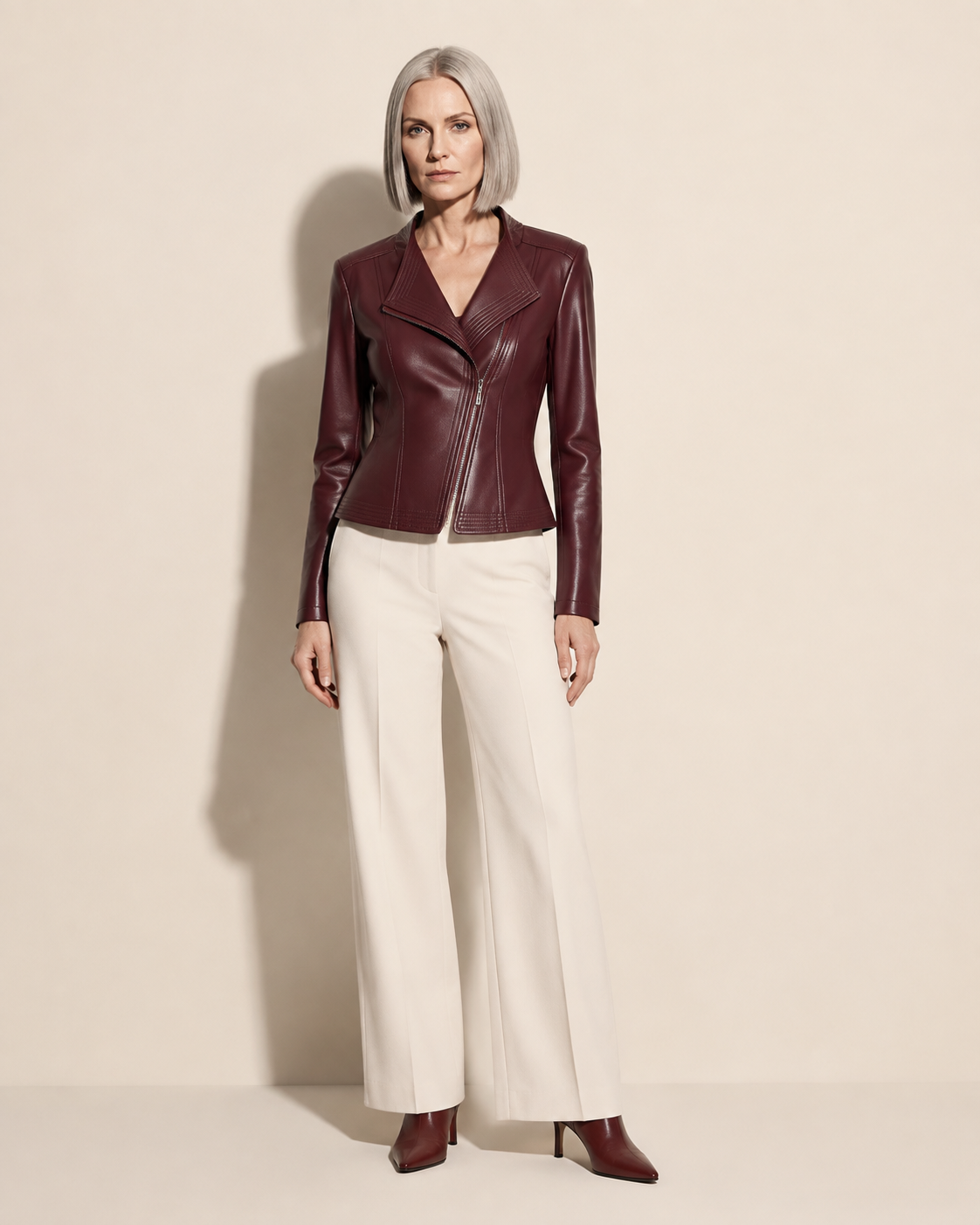 Women's Faux Leather Moto Jacket with Zip Front in Angola Red, 01 main, worn by model