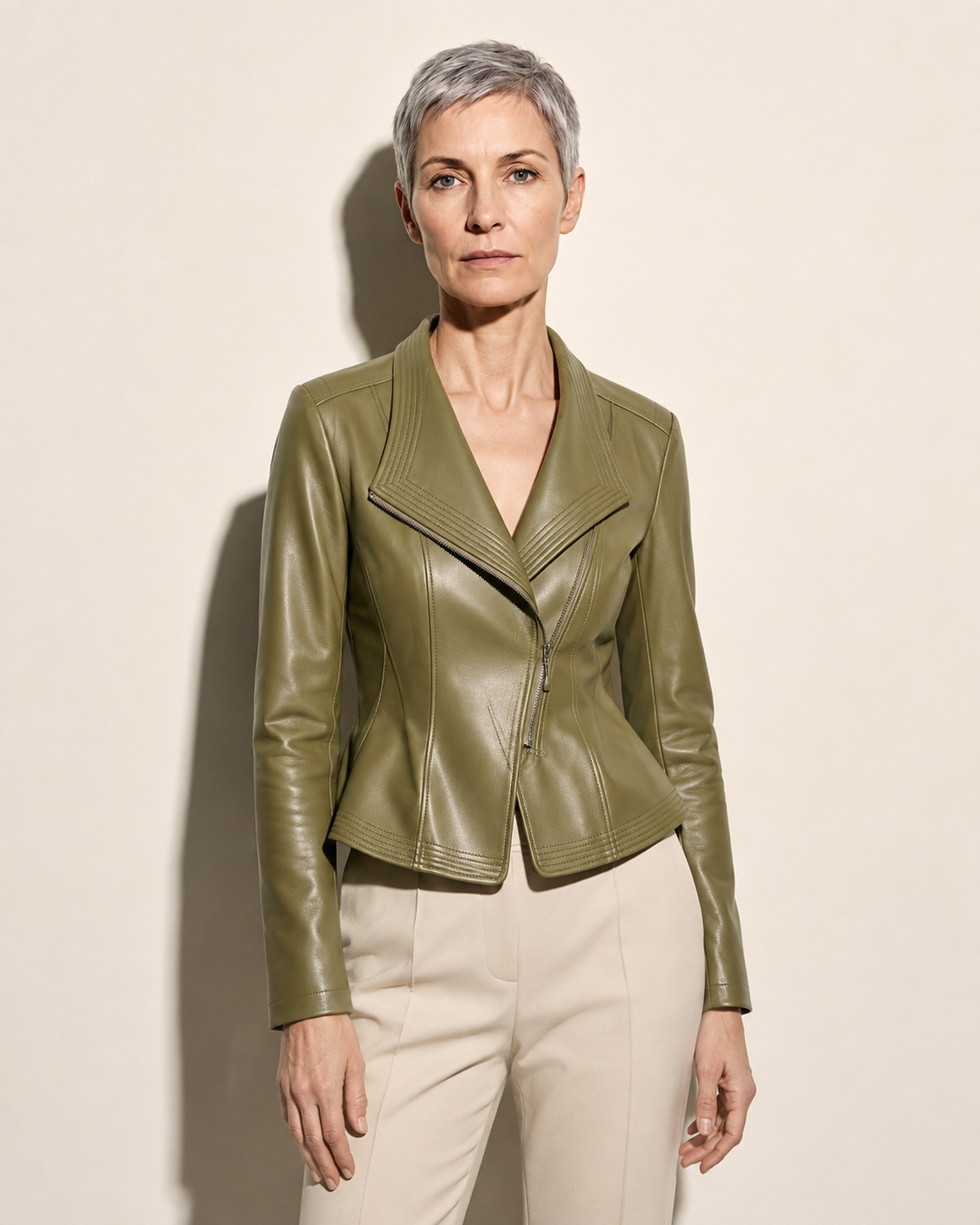 Women's Faux Leather Moto Jacket with Zip Front in Green, 01 main, worn by model