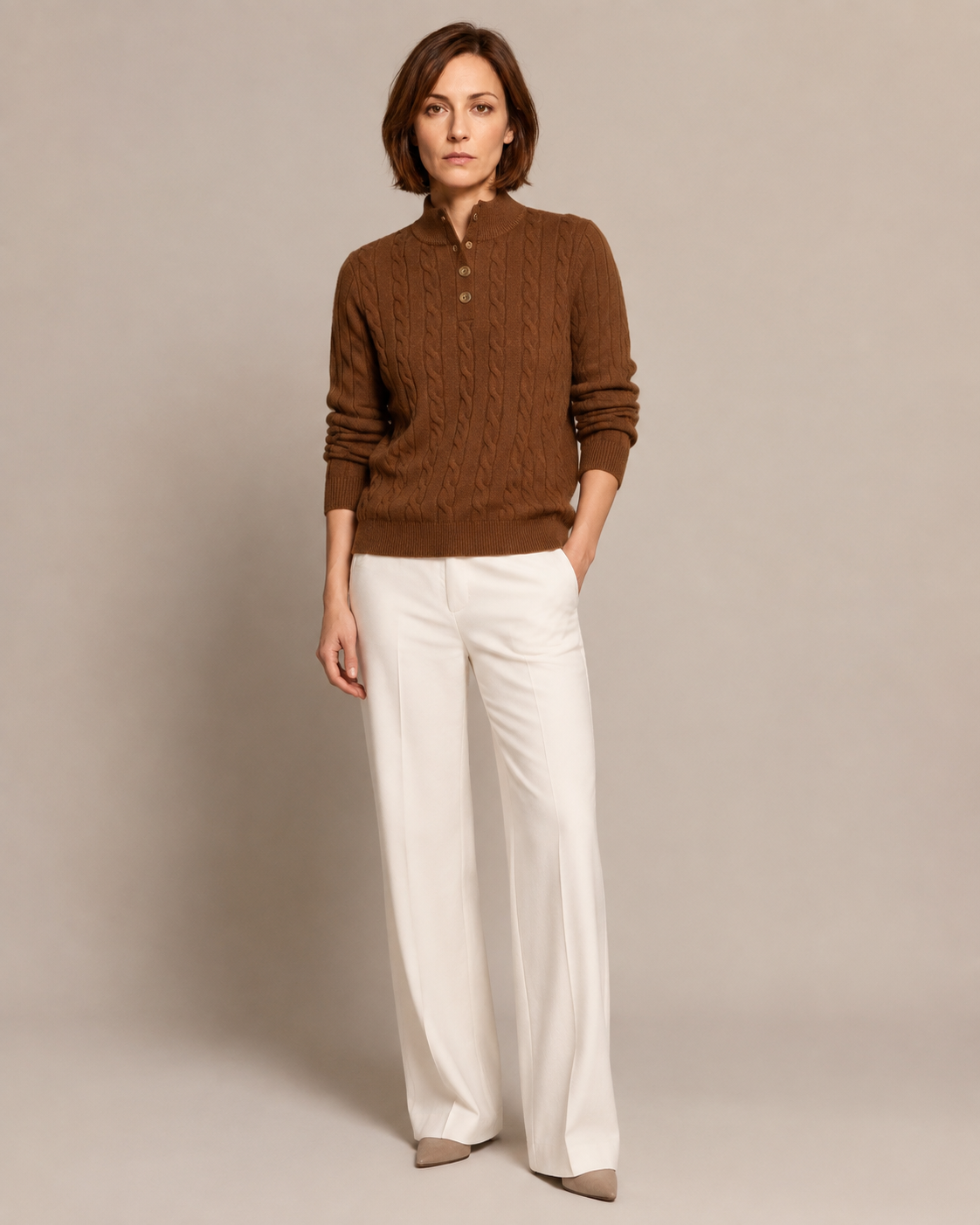 Half-height Henry Collar Button Twisted Sweater Thick Fashion Men's Knitwear in TL702 Caramel Mocha, 01 main, worn by model