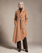 Women's Belted Wrap Coat with Draped Hem in Golden Camel, 01 main, worn by model
