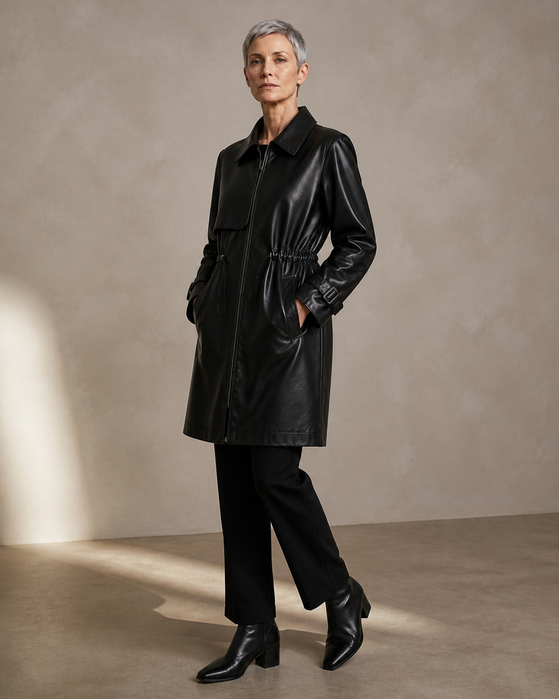 Women's Belted Leather-Look Trench Coat for Everyday Layering in Black, 01 main, worn by model