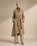 Women's Belted Wrap Coat with Draped Hem in Linen, 01 main, worn by model