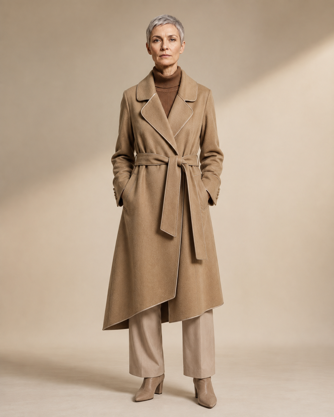 Women's Belted Wrap Coat with Draped Hem in Linen, 01 main, worn by model