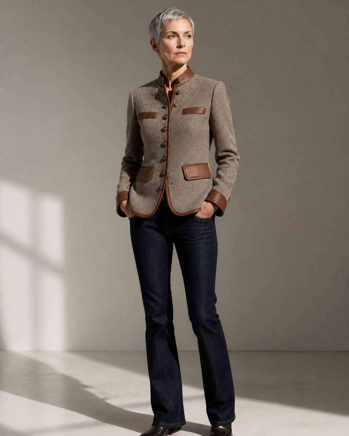 Women's Trim Detail Button Front Jacket in Brown, 01 main, worn by model