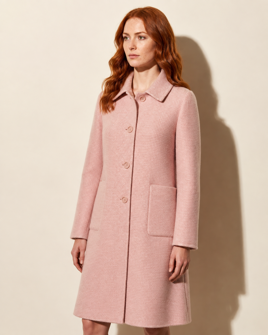 Women's Longline Lapel Coat for Everyday Layering in Pink, 02 standing lifestyle, worn by model