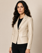 Women's Cropped Faux Leather Blazer with Lapel Collar in Beige, 02 standing lifestyle, worn by model