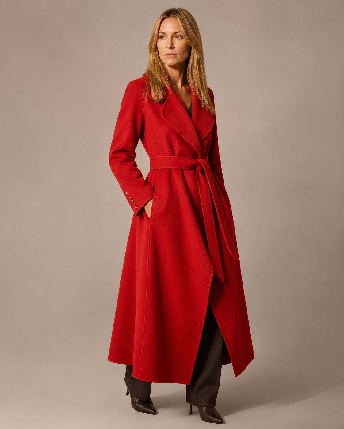 Women's Belted Wrap Coat with Draped Hem in Red1, 02 standing lifestyle, worn by model
