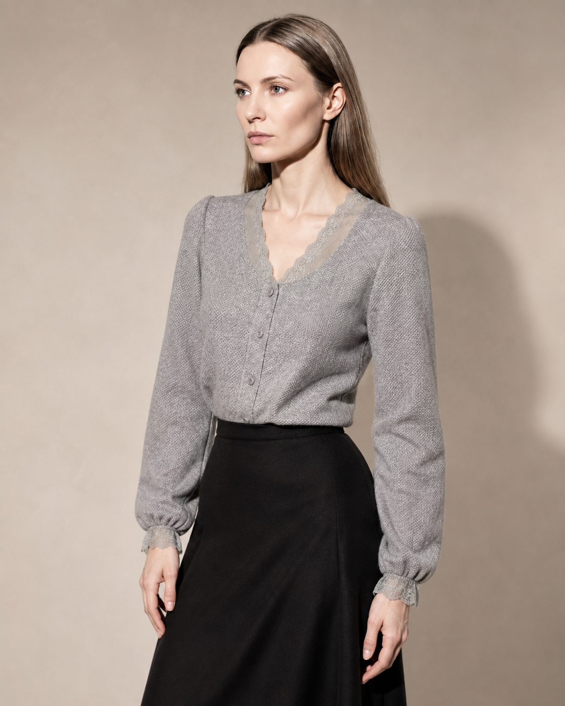 Women's V-Neck Lace Trim Button-Front Top in Gray, 02 standing lifestyle, worn by model