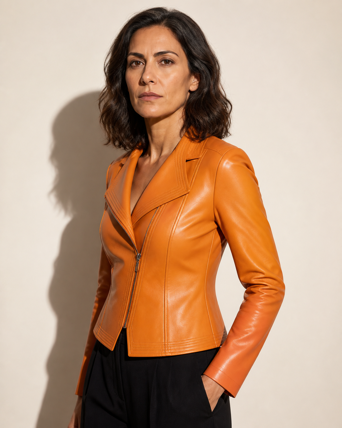 Women's Faux Leather Moto Jacket with Zip Front in Emma Orange, 02 standing lifestyle, worn by model