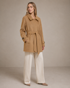 Women's Belted Wool Coat with Chest Flap Pockets in Camel, 02 standing lifestyle, worn by model