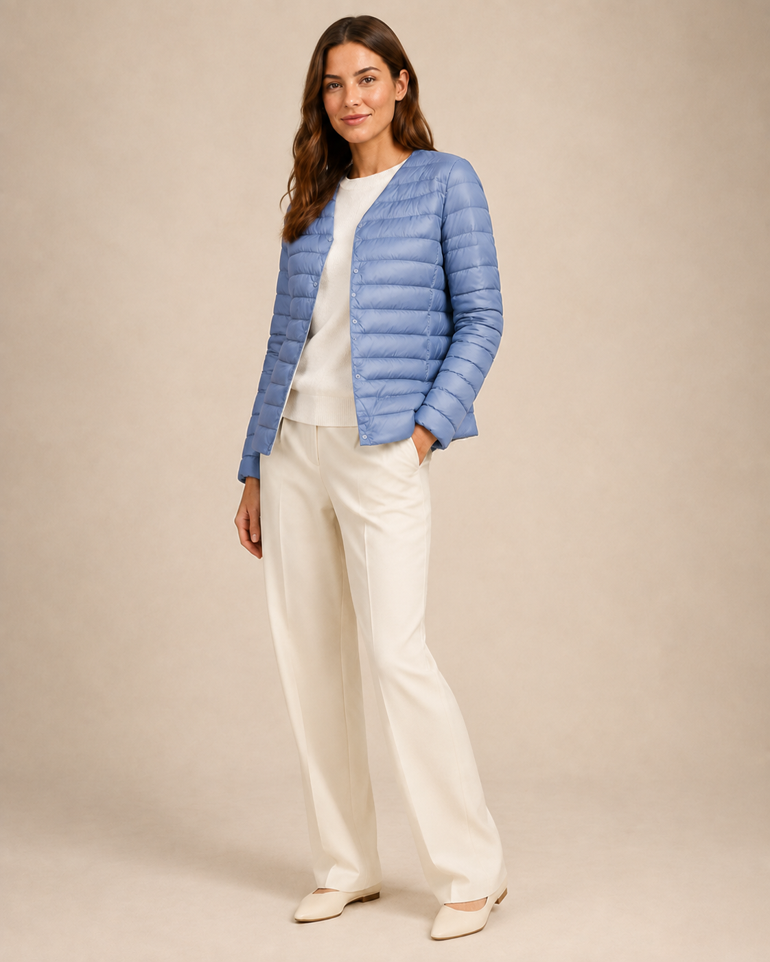 Women's Lightweight Down-Filled Quilted Jacket for Layering in Light Blue, 02 standing lifestyle, worn by model