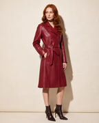 Women's Belted Trench Coat with Notched Collar in Red, 02 standing lifestyle, worn by model