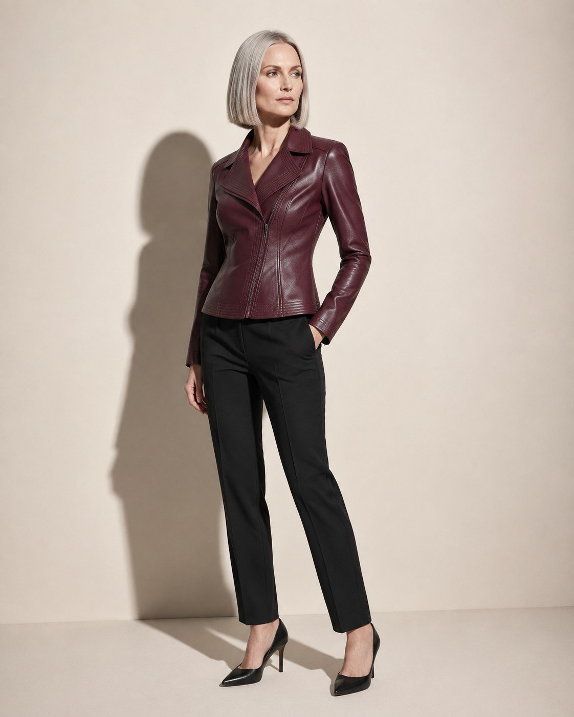 Women's Faux Leather Moto Jacket with Zip Front in Angola Red, 02 standing lifestyle, worn by model