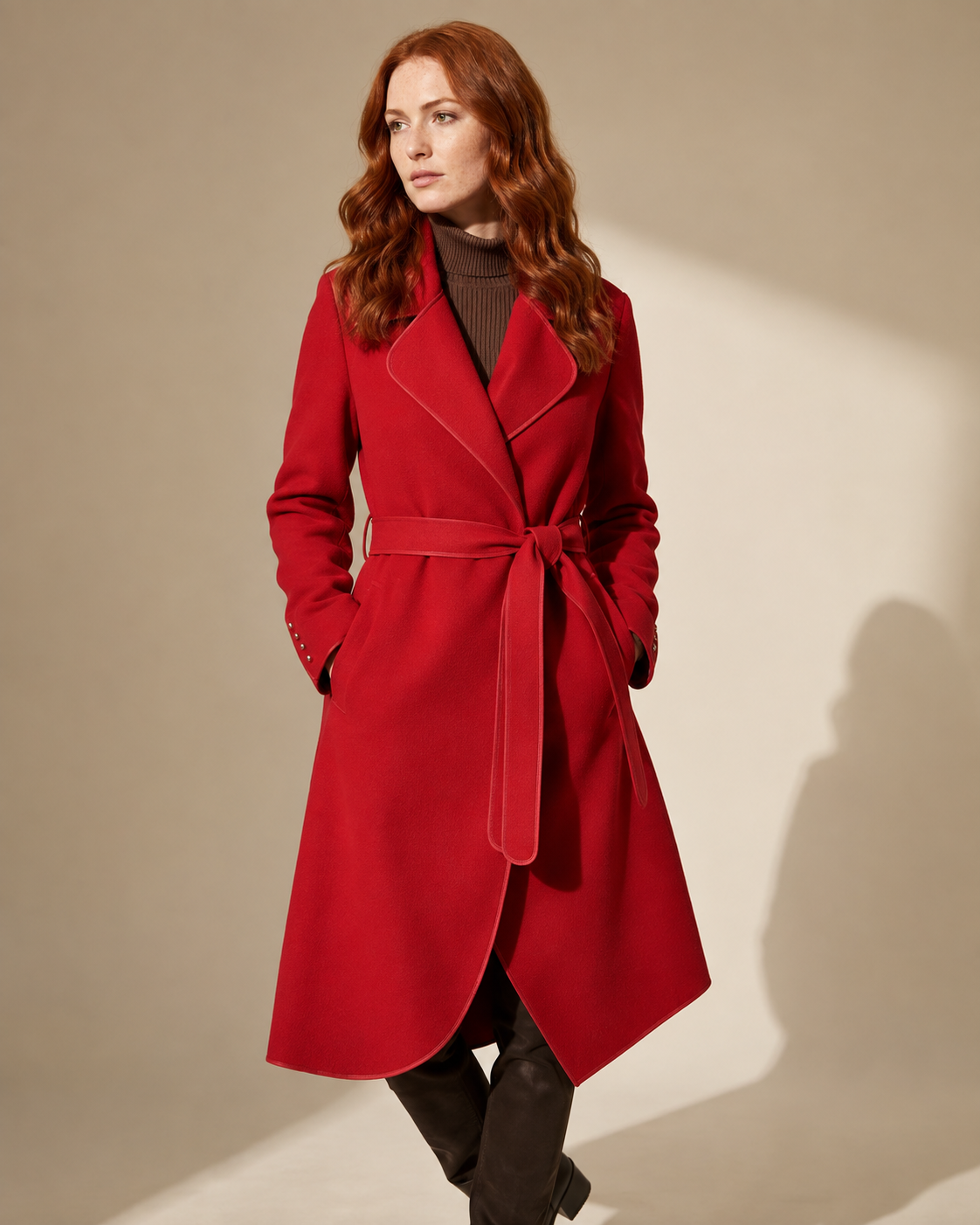 Women's Belted Wrap Coat with Draped Hem in Red, 02 standing lifestyle, worn by model