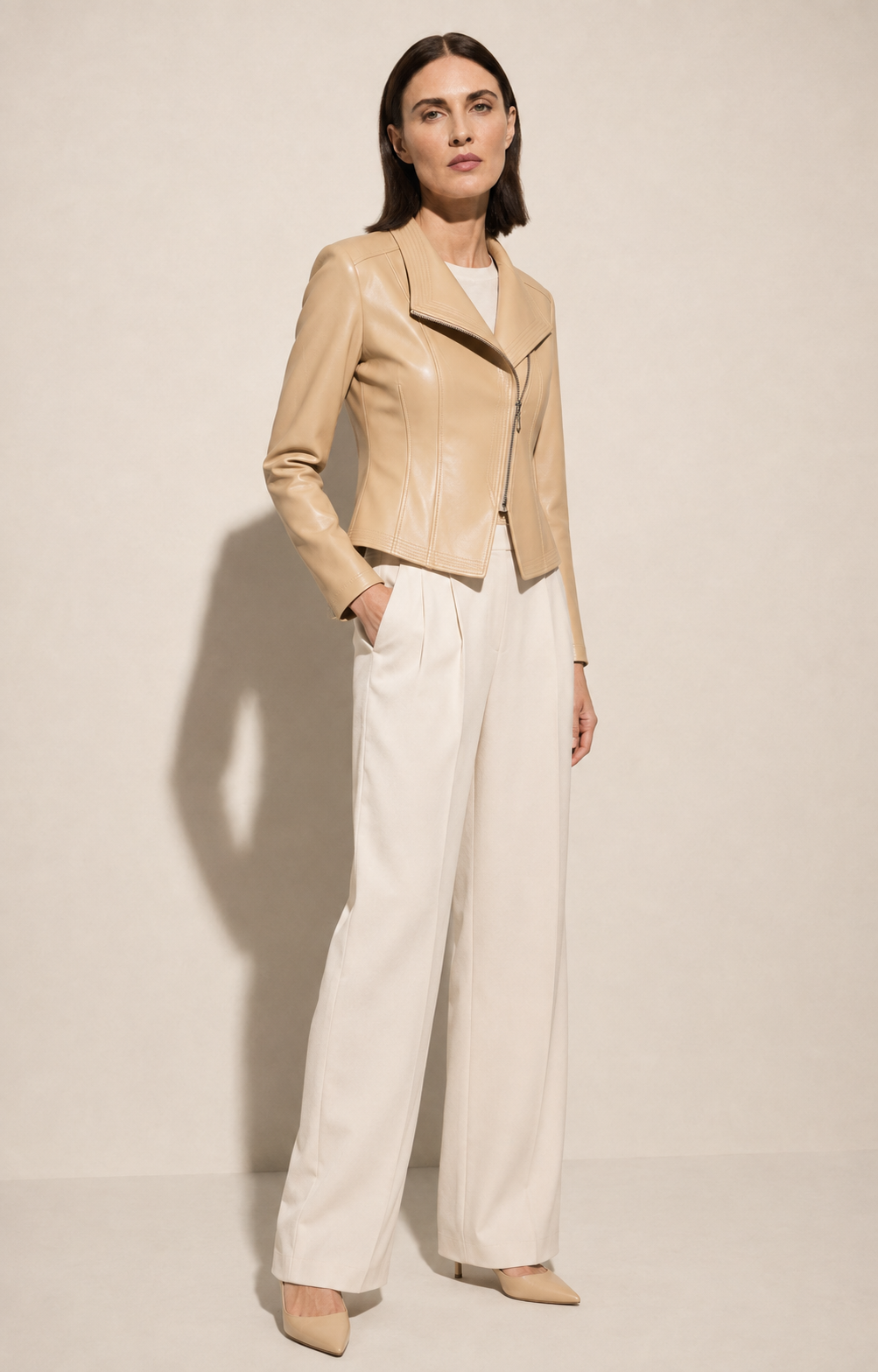 Women's Faux Leather Moto Jacket with Zip Front in Apricot, 02 standing lifestyle, worn by model