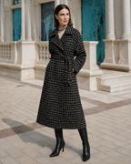 Women's Long Plaid Button-Front Coat for Smart Layering in Black, 02 standing lifestyle, worn by model